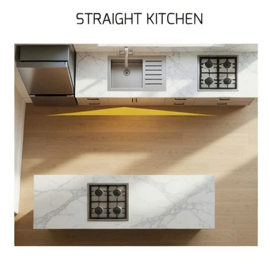 Modern straight kitchen design with glossy cabinets, compact layout, and efficient single-wall arrangement