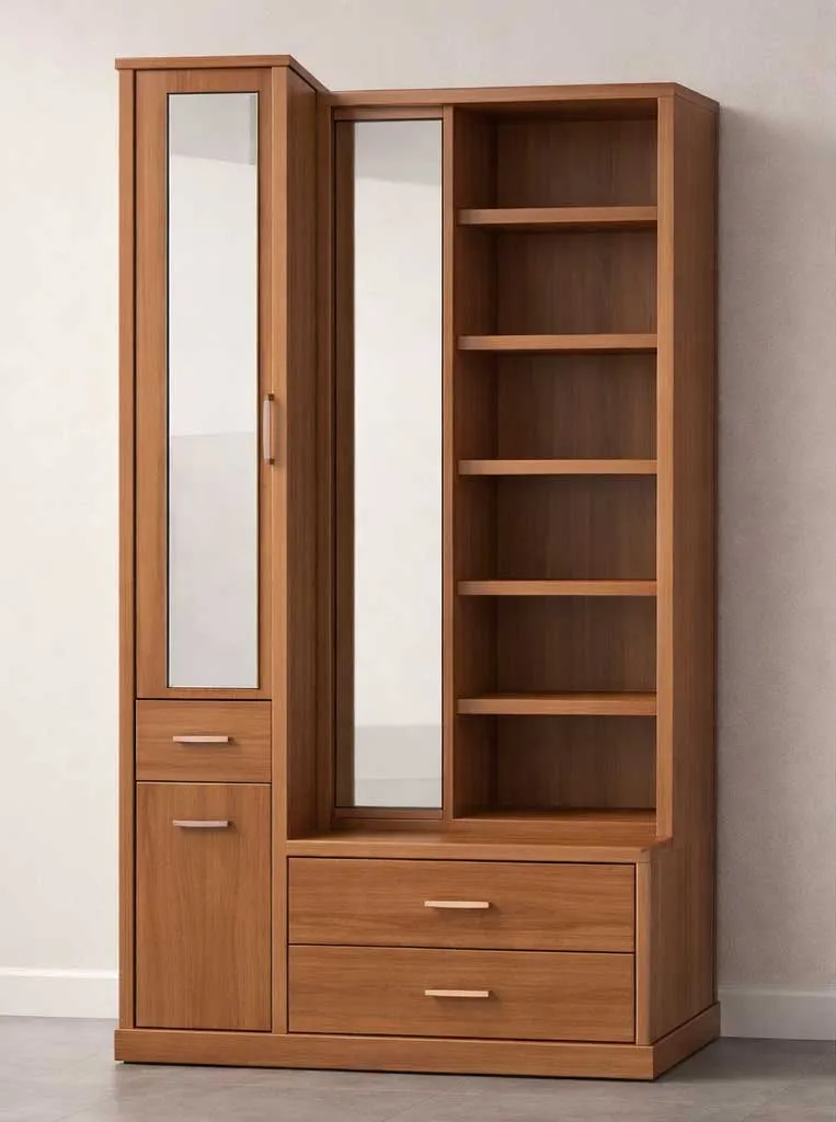 Modern dressing table design in Dhaka Bangladesh with wooden finish, mirror and storage drawers for bedroom interior